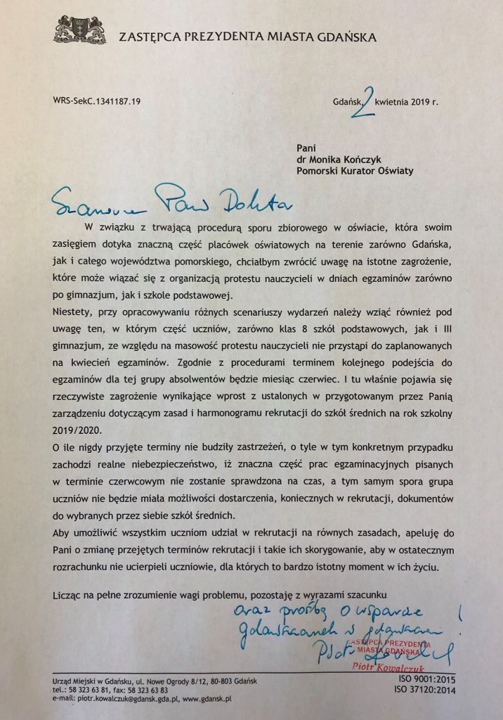 List prezydenta Kowalczuka do Pomorskiej Kurator Oświaty