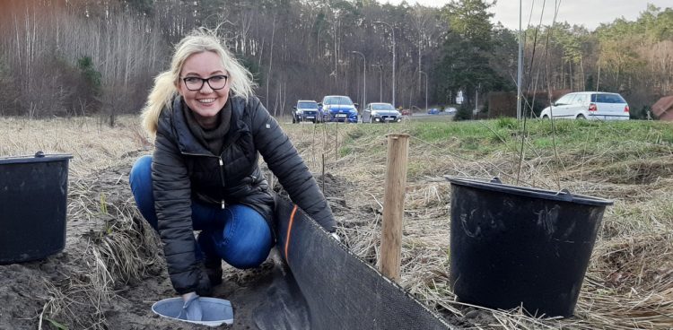 Na zdjęciu: Ewelina Sobańska zbiera żaby przy ulicy Spacerowej w Gdańsku (fot. Radio Gdańsk/Włodzimierz Raszkiewicz)