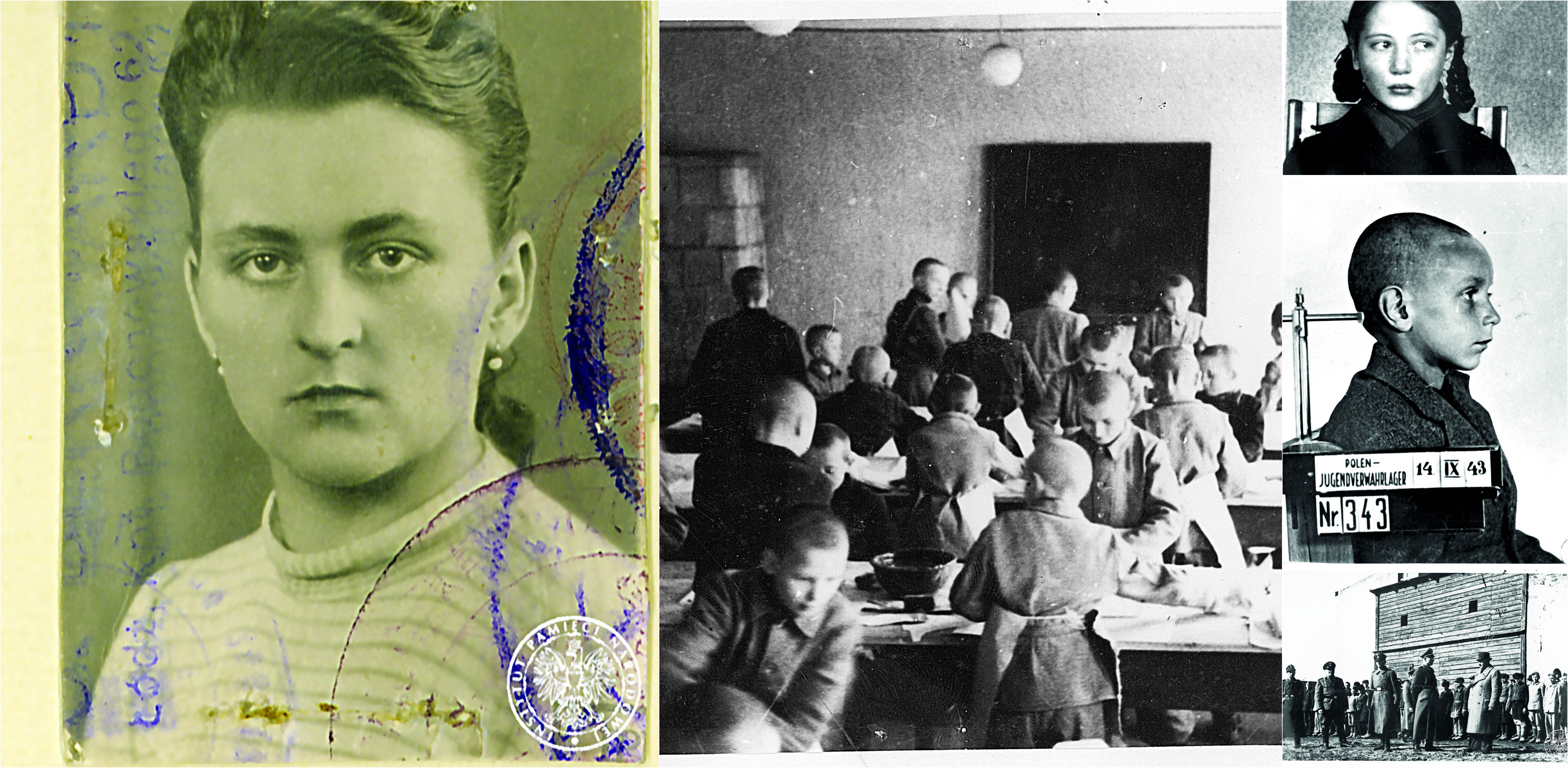 Od lewej Wachmanka Eugenia Pol, młodzi więźniowie pracujący w warsztatach i portrety niektórych z nich (fot. Prószyński i S-ka)