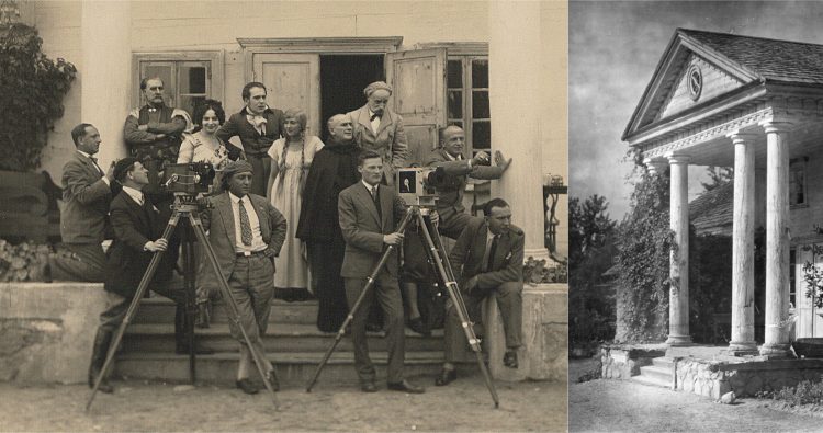 Na zdjęciu ekipa filmowa "Pana Tadeusza" i dwór w Czombrowie (fot. Biblioteka Narodowa, Jan Bułhak)