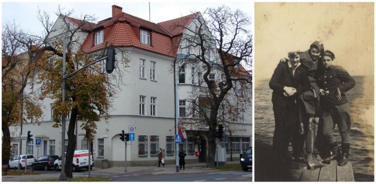 Urząd pocztowy w Gdańsku-Oliwie (stan obecny), obok żołnierze V Wileńskiej Brygady AK na molo w Sopocie, od lewej Jerzy Januszewski vel Dulko, ps. "Dezerter", Janina Wasiłojć, ps. "Jachna" i Bolesław Mikulewicz vel Turwid, ps "Bolek".
(Fot. IPN Gdańsk)