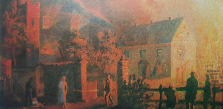 Scena mordu przed kościołem kisielińskim namalowana przez Włodzimierza Sławosza Dębskiego w 1974 roku, obraz olejny.
(fot. zbiory rodzinne)