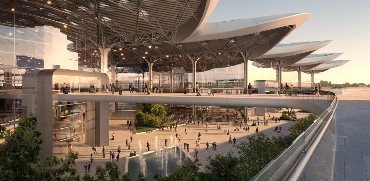 Koncepcja architektoniczna nowego lotniska przesiadkowego (graf. Centralny Port Komunikacyjny)