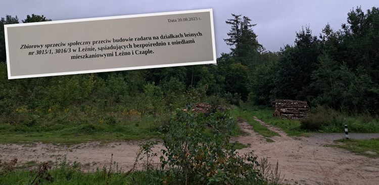 W tym miejscu ma powstać radar. W zdjęcie wkomponowany jest również fragment dokumentu, na którym w ramach zbiorowego protestu zbierane są podpisy mieszkańców (fot. Radio Gdańsk/Sebastian Kwiatkowski)