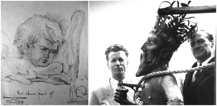 Na zdjęciach rysunek detalu z Kaplicy Królewskiej w Gdańsku autorstwa Jana Borowskiego, rok 1946 oraz wspólna fotografia z Józefem Chrzanowiczem (pierwszy z lewej) oraz Zygmuntem Augustem, rok 1949. (fot. Archiwum M. Gawlickiego)