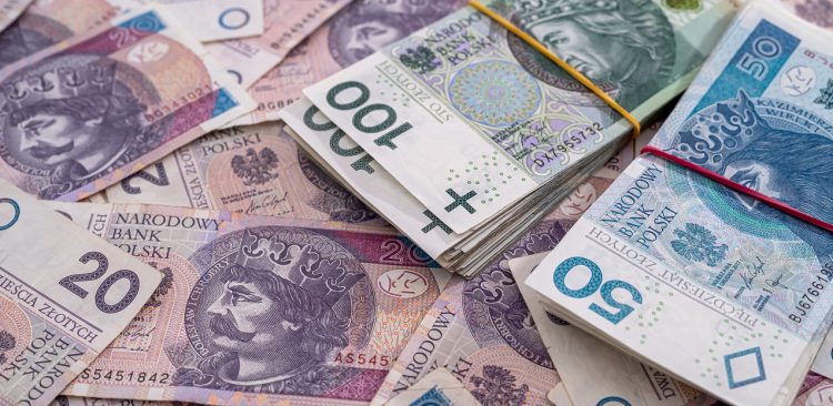 Layout of large bills of polish zloty as finance background, different denominations