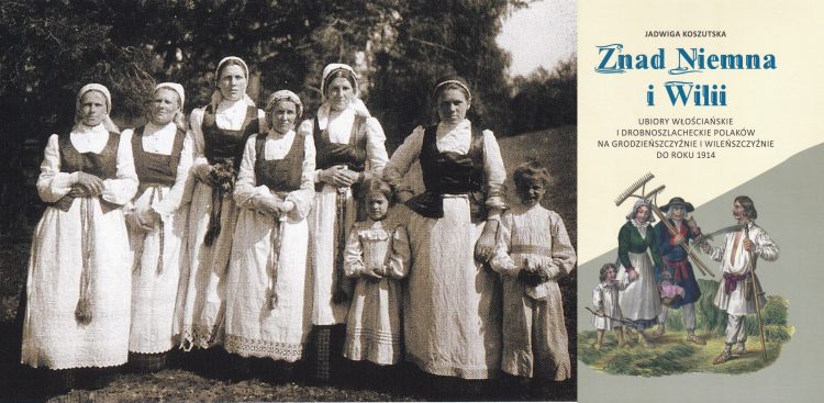 Młode mężatki w chustach wiązanych z tyłu, w gorsetach z szerokimi klapami, przewiązane w pasie krajkami. Wieś Marcinkańce, powiat trocki, Wileńszczyzna.
(Fot. z książki Jadwigi Koszutskiej "Znad Niemna i Wilii...")