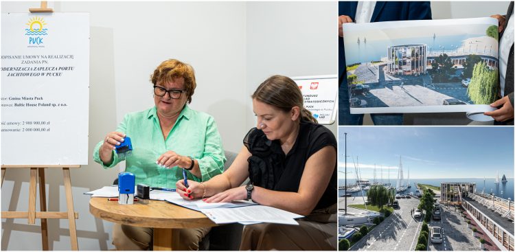 Burmistrz Pucka Hanna Pruchniewska (L) podpisuje umowę na odbudowę zaplecza portu jachtowego (fot. UM Puck)