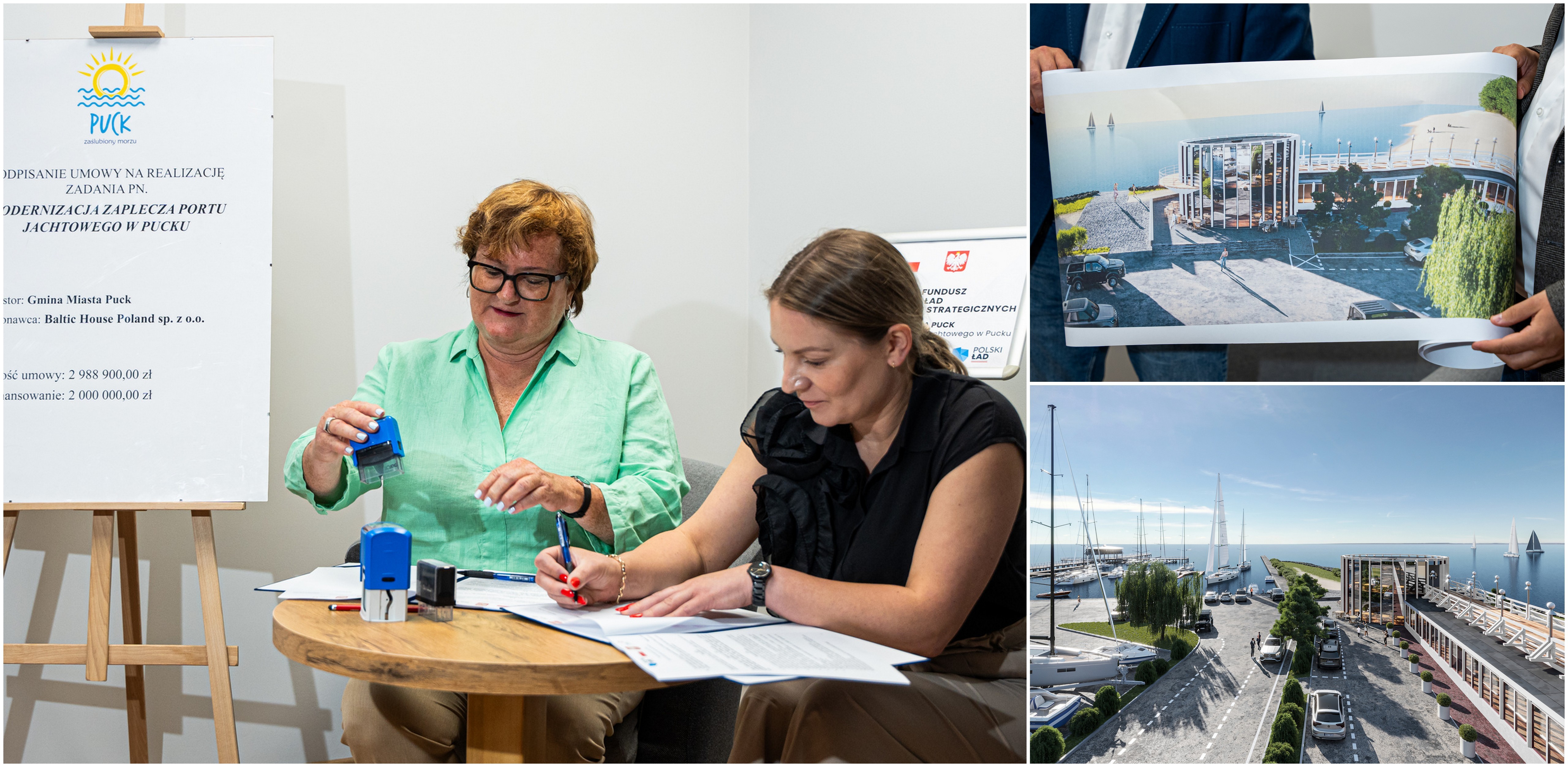 Burmistrz Pucka Hanna Pruchniewska (L) podpisuje umowę na odbudowę zaplecza portu jachtowego (fot. UM Puck)