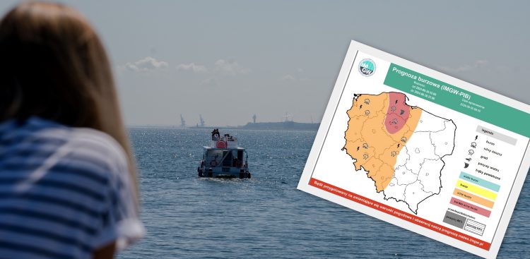 Kolaż zdjęć: Sopot, wakacje w kurorcie (fot. Anna Rezulak/KFP)/burze na Pomorzu (fot. x.com/IMGWmeteo)