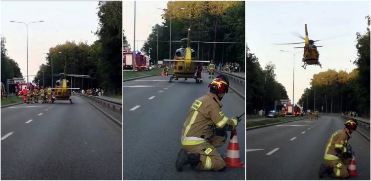 Lądowanie śmigłowca LPR na miejscu wypadku w Gdyni - 30.07.24 r. (fot. słuchacz Radia Gdańsk)