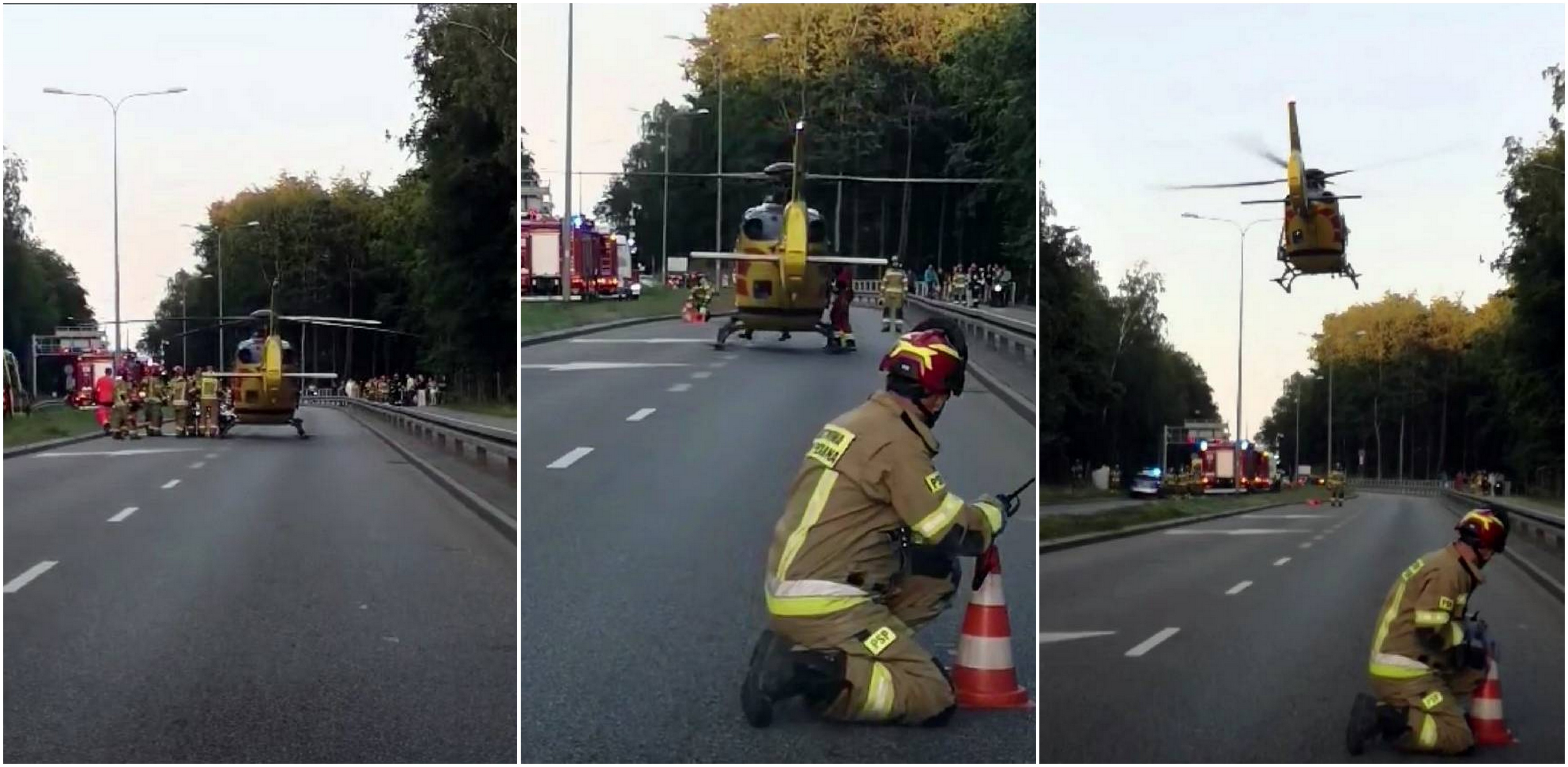 Lądowanie śmigłowca LPR na miejscu wypadku w Gdyni - 30.07.24 r. (fot. słuchacz Radia Gdańsk)