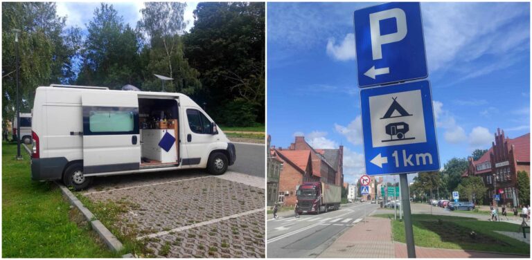 Na zdjęciu: zaparkowany w mieście kamper oraz znaki informujące o parkingach dla kamperów