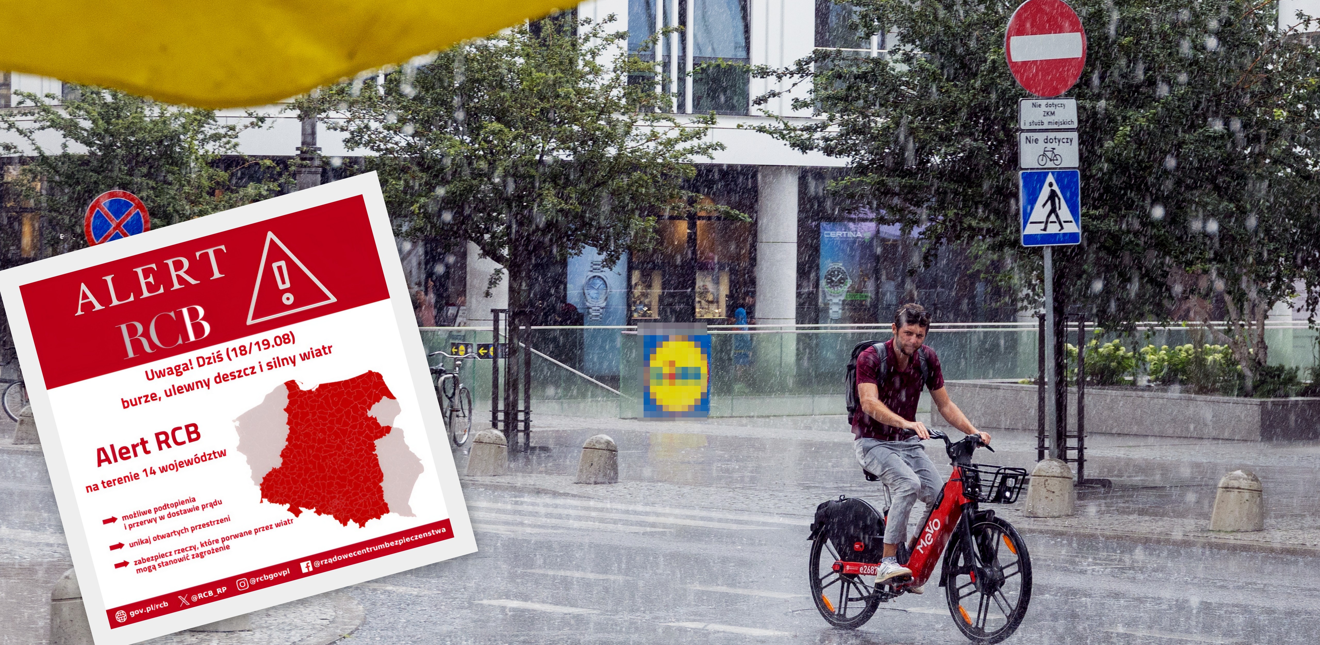 Gwałtowna ulewa w Gdyni. 24.07.2024 r. (fot. Anna Rezulak/KFP - graf. mat. RCB)