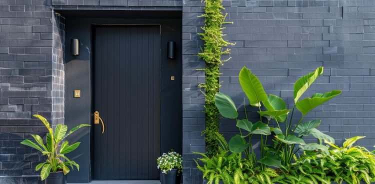 Modern building with black front door, decorated with plants in a contemporary design facade