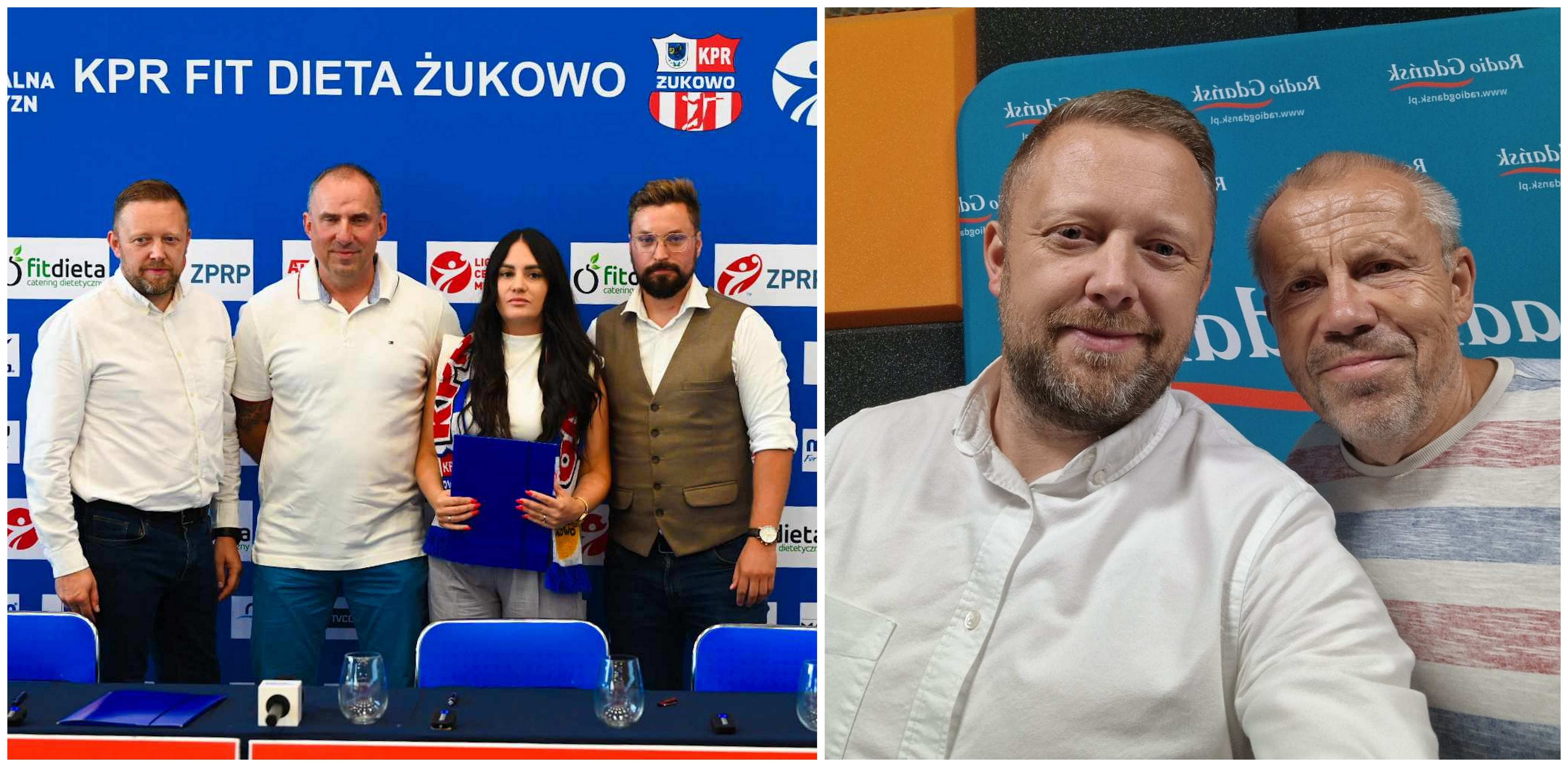 Zdjęcie z pierwszej oficjalnej konferencji prasowej KPR Fit Dieta Żukowo i zdjęcie ze studia Radia Gdańsk, w którym Włodzimierz Machnikowski gościł Krzysztofa Wilmę, wiceprezesa drużyny. (fot. Facebook/KPR Autoinwest Żukowo/Radio Gdańsk/Włodzimierz Machnikowski)