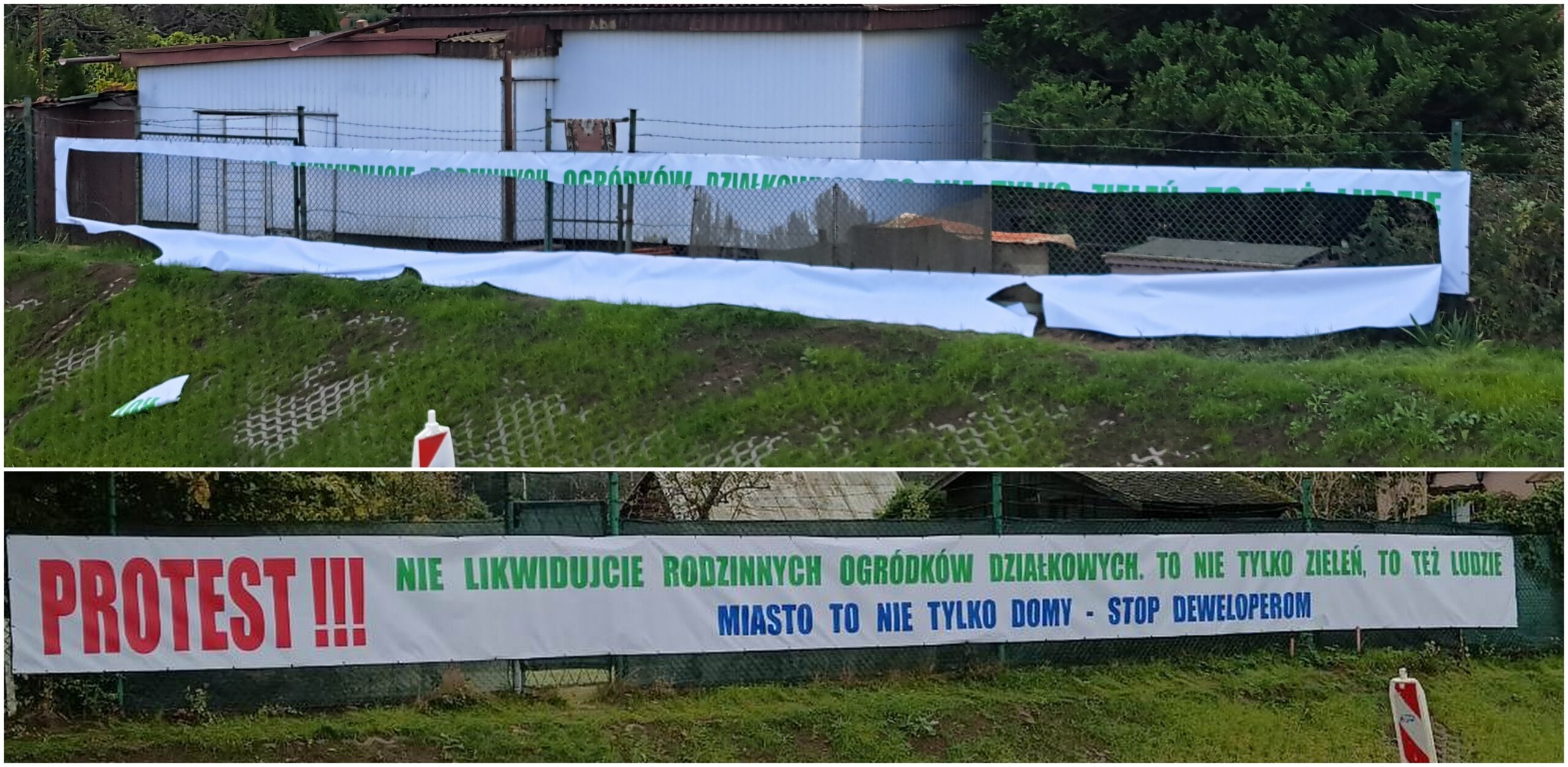 Zerwany baner. Protest dzierżawców ogrodów działkowych. (fot. Radio Gdańsk/Sebastian Kwiatkowski)