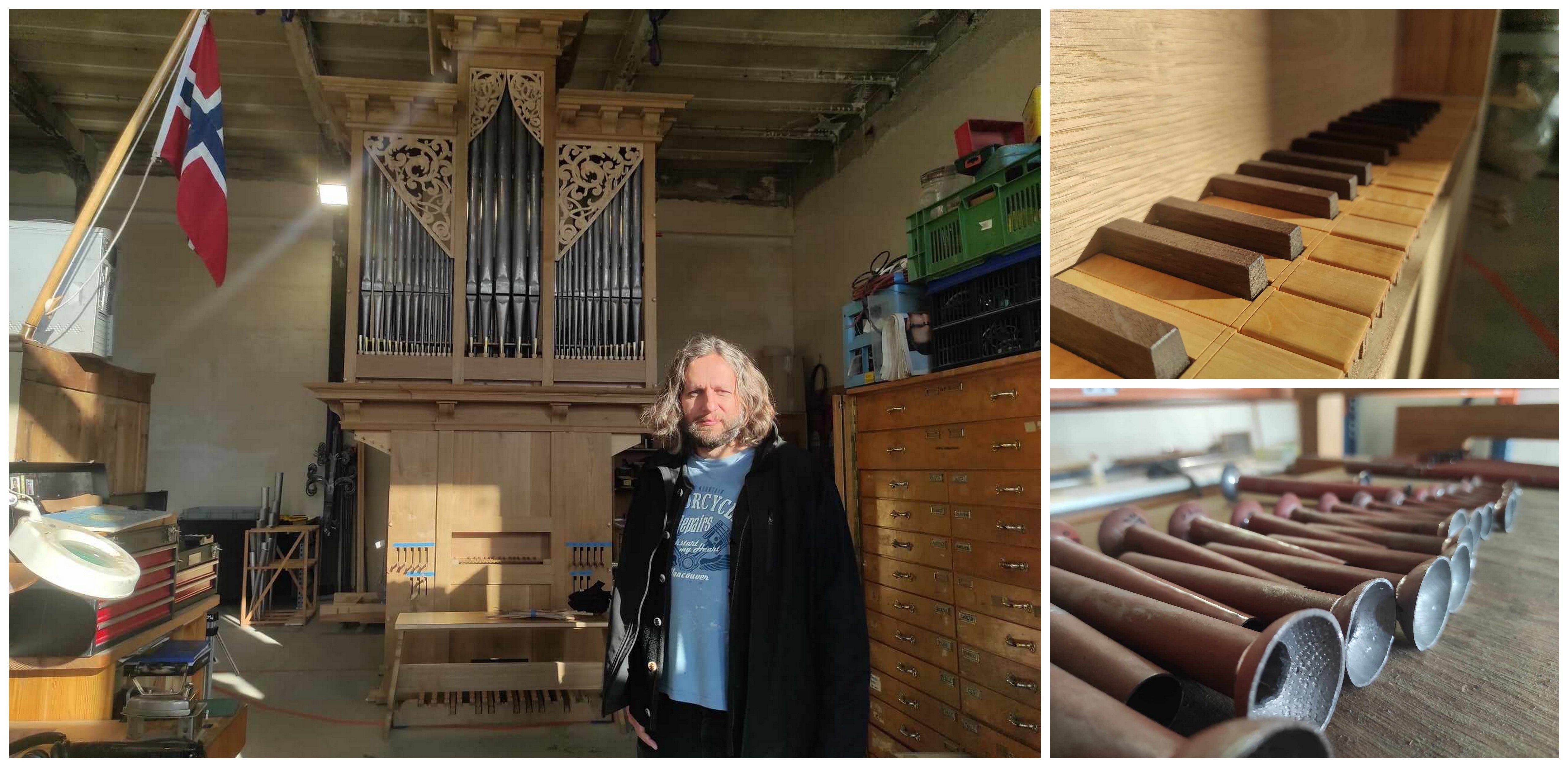 Szymon Januszkiewicz i organy, które trafią do klasztornego kościoła w Tyńcu (fot. Radio Gdańsk/Mateusz Czerwiński)
