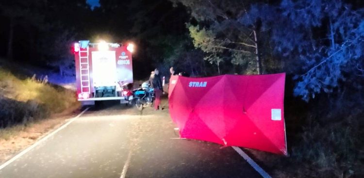W Piaskach, po uderzeniu w drzewo, zginął 38-letni motocyklista (fot. KP PSP w Nowym Dworze Gdańskim)