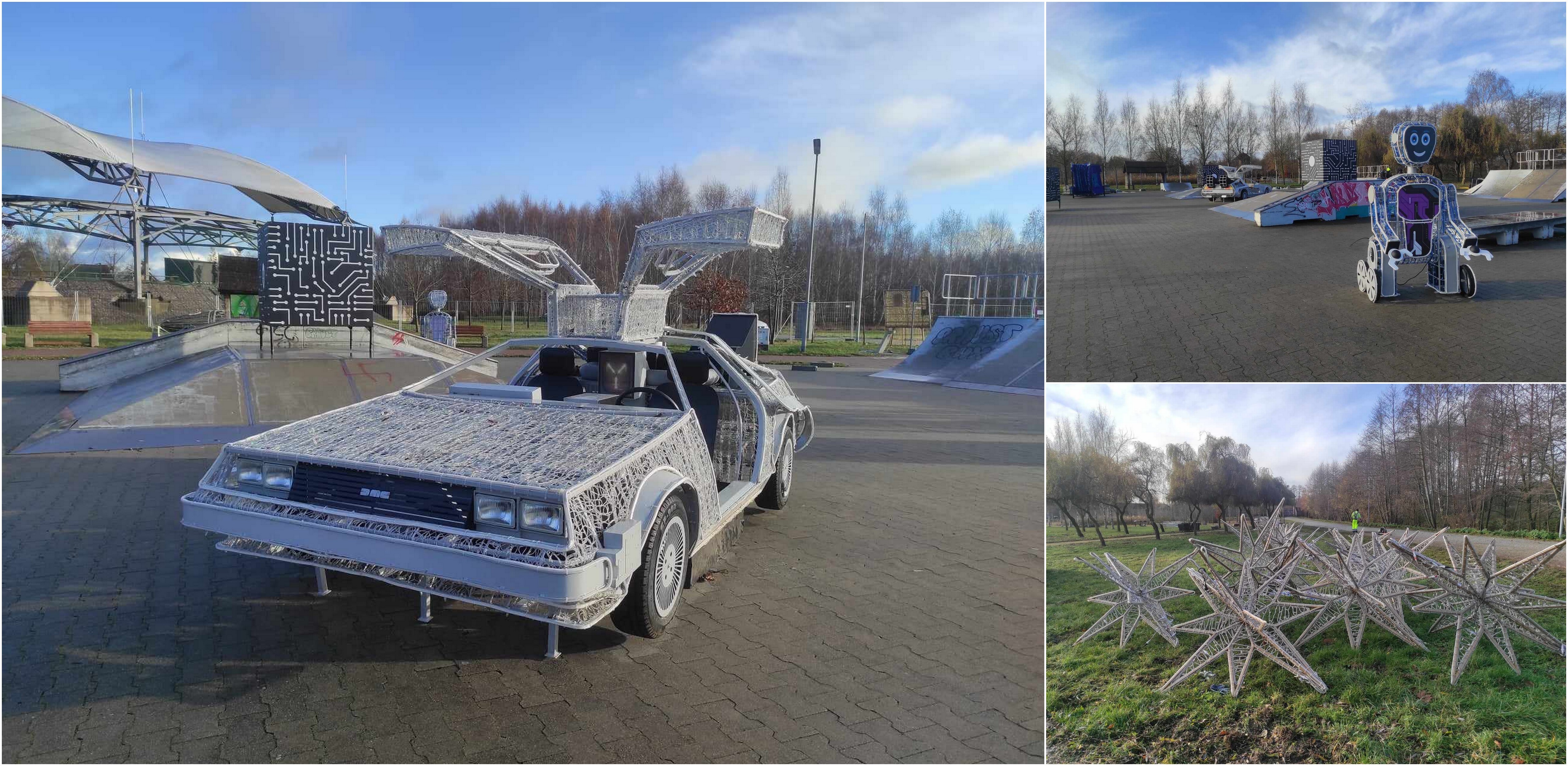 Park Kulturowy "Faktoria" w Pruszczu Gdańskim. Montaż iluminacji widowiska Lumina Park (fot. Radio Gdańsk/Mateusz Czerwiński)