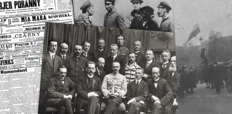 Od lewej wg wskazówek zegara: Kurjer Poranny z 11 listopada 1918 roku, rozbrajanie Niemców na ulicach Warszawy, student zawiesza flagę Polski na pałacu namiestnikowskim w Warszawie, Tymczasowy Rząd Ludowy Republiki Polskiej z Józefem Piłsudskim (fot. Polona, Wikimedia Commons)