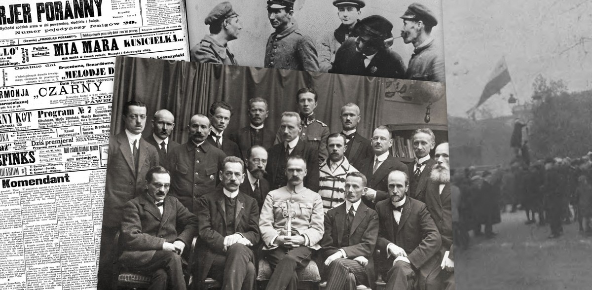 Od lewej wg wskazówek zegara: Kurjer Poranny z 11 listopada 1918 roku, rozbrajanie Niemców na ulicach Warszawy, student zawiesza flagę Polski na pałacu namiestnikowskim w Warszawie, Tymczasowy Rząd Ludowy Republiki Polskiej z Józefem Piłsudskim (fot. Polona, Wikimedia Commons)