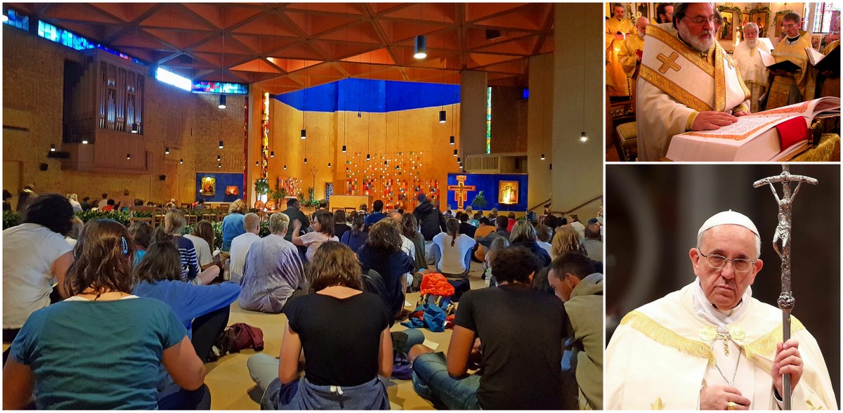 Od lewej, wg wskazówek zegara: Europejskie Spotkanie Młodych Taizé, liturgia św. Jakuba i papież Franciszek (fot. Wikimedia Commons/Christian Pulfrich, Wikimedia Commons/Velopilger, Flickr/Long Thiên)