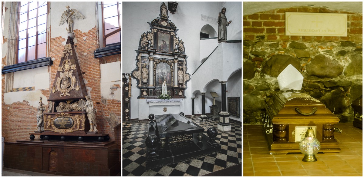 Nagrobek Nathanaela Schrodera w kościele św. Jana, Grobowiec Książąt Pomorskich w Archikatedrze Oliwskiej, Krypta Kapłanów Gdańskich w Bazylice Mariackiej (fot. Iwona Berent, KFP/Krzysztof Mystkowski, KFP/Mateusz Ochocki)
