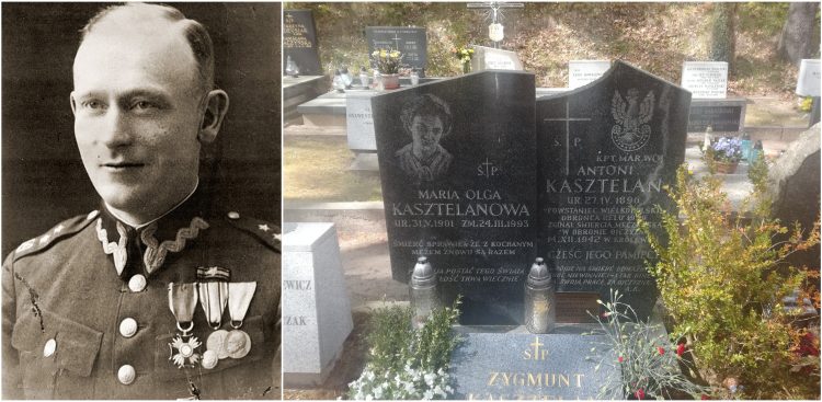 Po lewej Antoni Kasztelan (fot. Centralne Archiwum Wojskowe), po prawej Symboliczny grób Antoniego Kasztelana na Cmentarzu Witomińskim (fot. Wikimedia Commons/Kordiann)