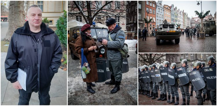 Rekonstrukcja stanu wojennego przez Stowarzyszenie Grupa Rekonstrukcji Historycznych "Sojusz" oraz Marek Truszkowski przed budynkiem Radia Gdańsk (fot. archiwum organizatora/Kakadoo Fotografia/Dominika Gierjatowicz/Radio Gdańsk)