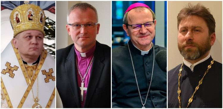 Od lewej: biskup Arkadiusz Trochanowski, biskup Marcin Hintz, arcybiskup Tadeusz Wojda, ks. proboszcz Dariusz Jóźwik (fot. Wschkat/Wikimedia Commons, Beata Michałek/Wikimedia Commons, Radio Gdańsk/Grzegorz Armatowski, cerkiew-gdansk.pl)