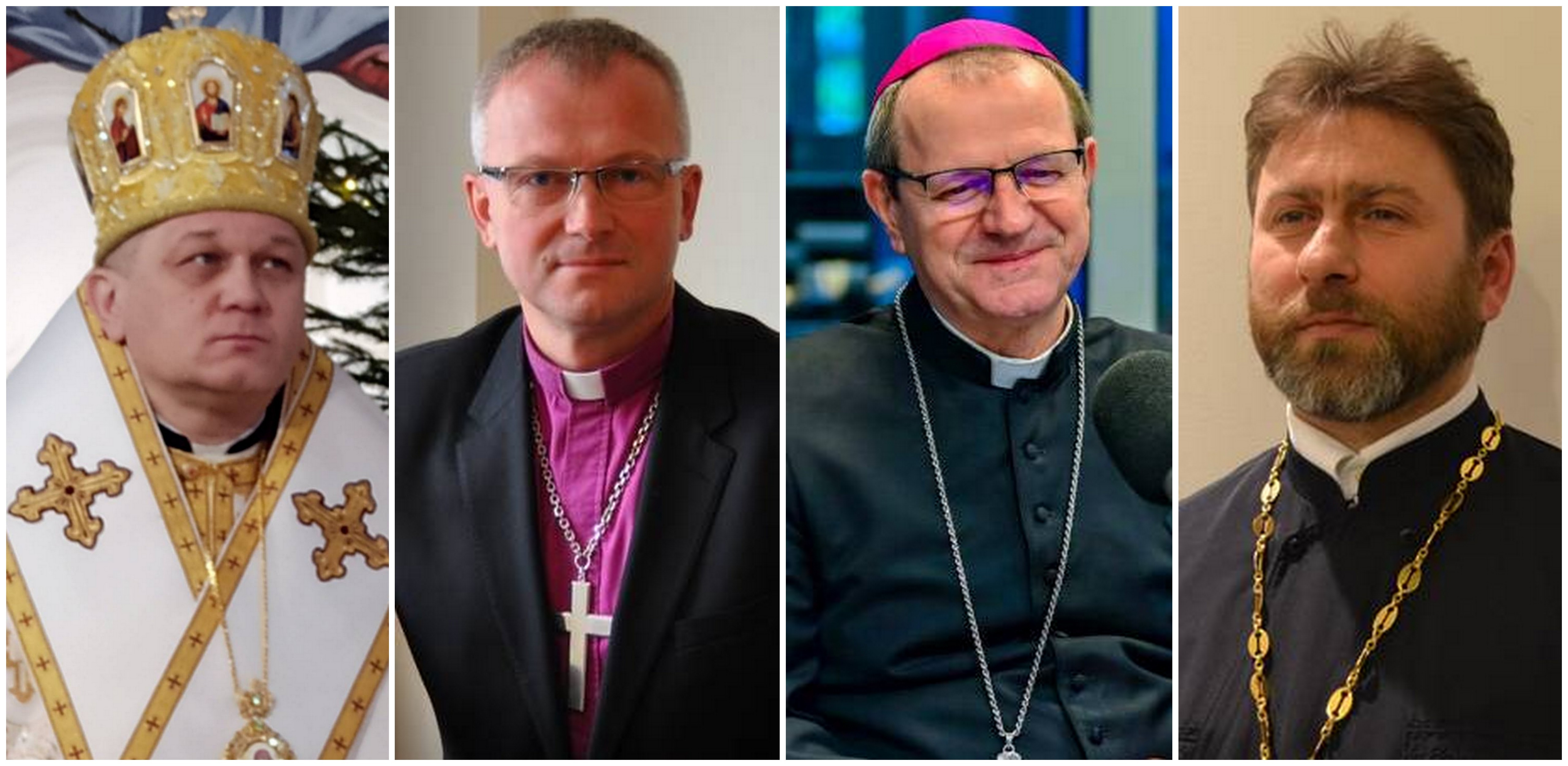 Od lewej: biskup Arkadiusz Trochanowski, biskup Marcin Hintz, arcybiskup Tadeusz Wojda, ks. proboszcz Dariusz Jóźwik (fot. Wschkat/Wikimedia Commons, Beata Michałek/Wikimedia Commons, Radio Gdańsk/Grzegorz Armatowski, cerkiew-gdansk.pl)
