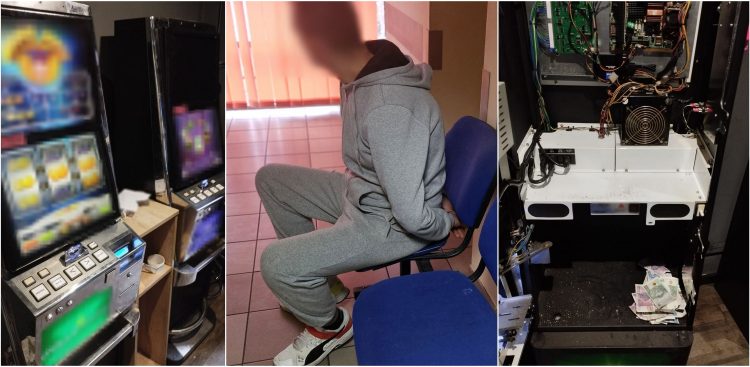 Automaty do gier i jeden z zatrzymanych w nalocie na nielegalny salon gier w Sopocie (fot. KMP w Sopocie)
