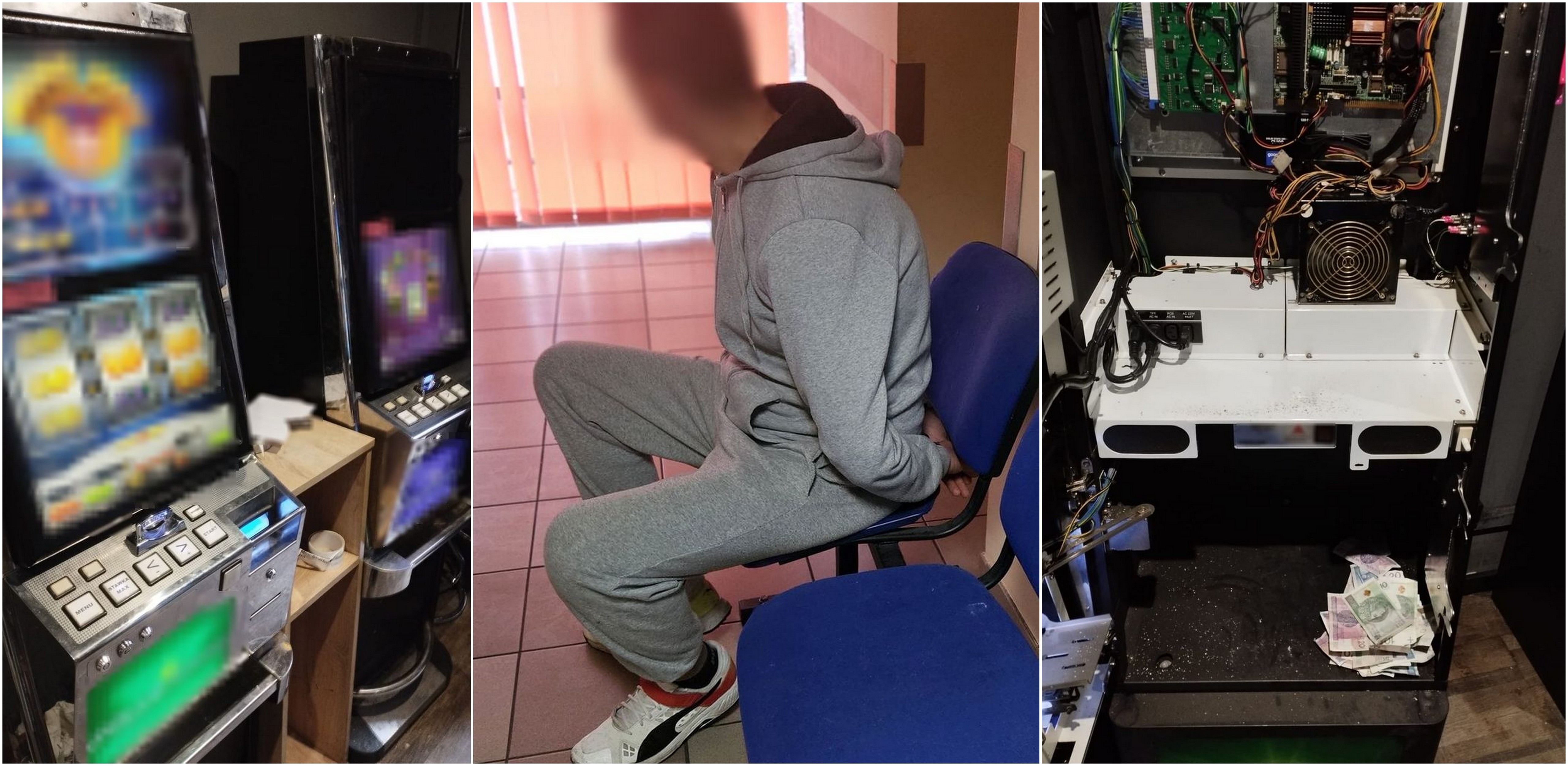 Automaty do gier i jeden z zatrzymanych w nalocie na nielegalny salon gier w Sopocie (fot. KMP w Sopocie)