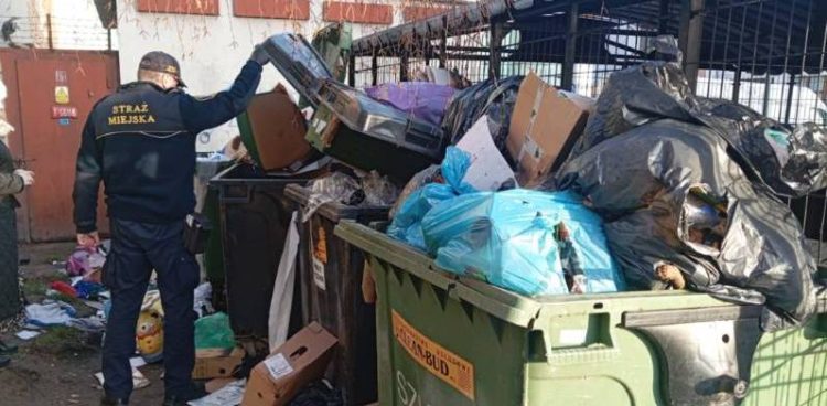 Strażnicy miejscy wraz z urzędnikami kontrolują wiaty śmietnikowe (fot. Straż Miejska w Tczewie)
