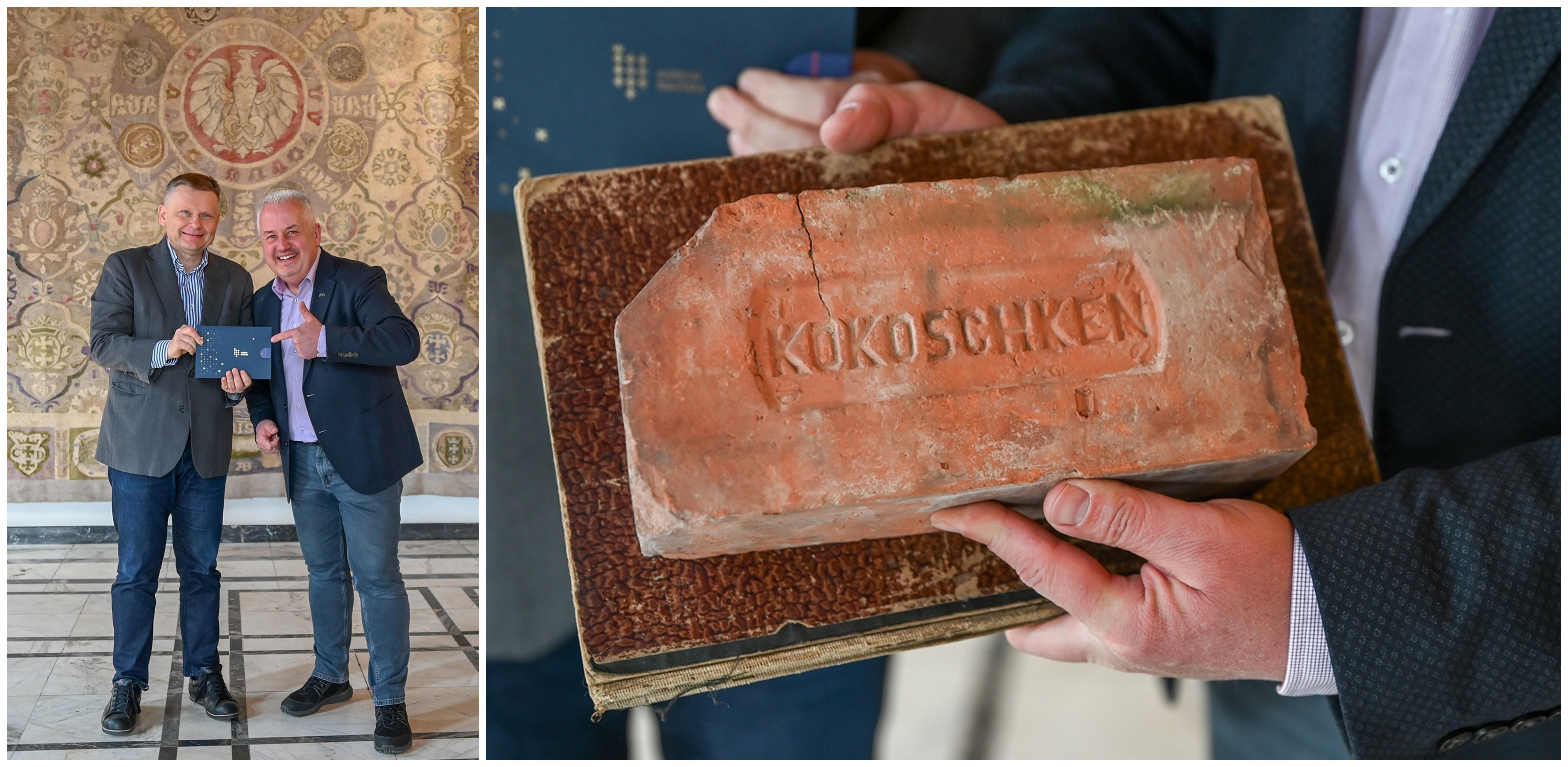 Po lewej: Waldemar Ossowski (po lewej) i Krzysztof Nowotarski (po prawej) podczas przekazania pamiątek. Po prawej: Cegła kokoszkowska została wyprodukowana po 1910 roku (fot. Muzeum Gdańska)