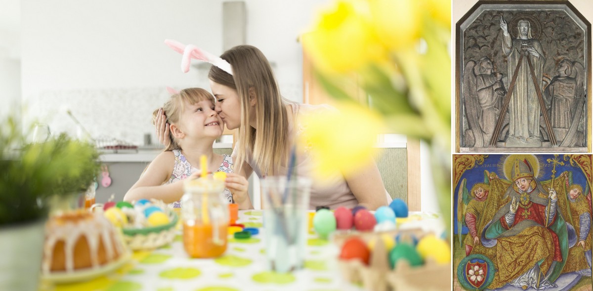 Święta wielkanocne, wizerunek Chrystusa Miłosiernego w postaci płaskorzeźby, św. Wojciech z różą na tarczy (fot. Wikimedia Commons/Freepik)