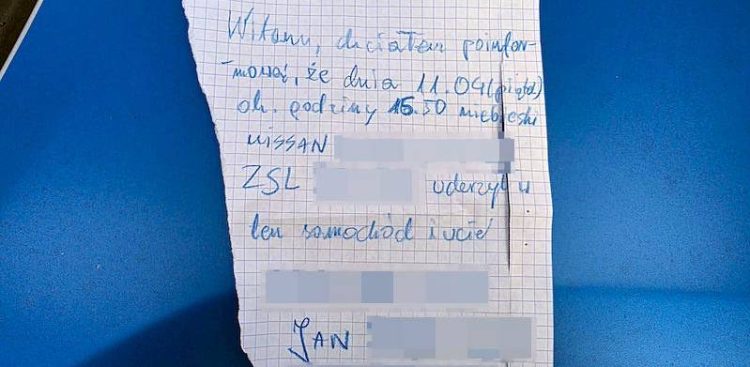 Kartka z informacją o kolizji napisaną przez 11-latka ze Słupska (fot. KMP w Słupsku)