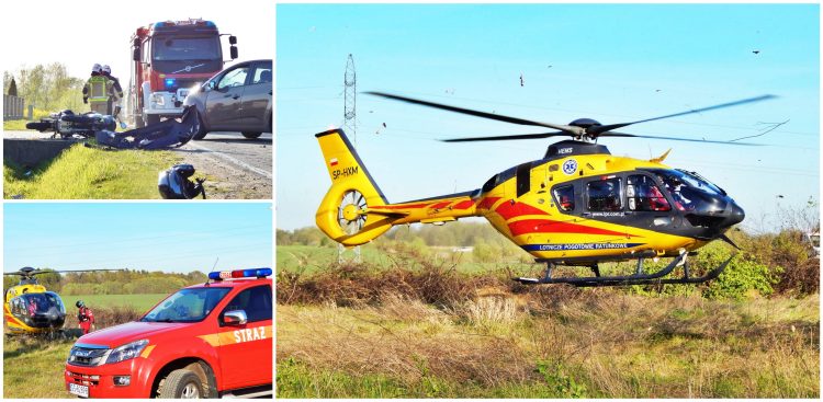 Wypadek w Duninowie koło Ustki. LPR zabiera poszkodowanego motocyklistę (fot. B. Jasłowski)