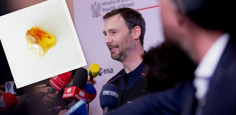 Polski astronauta Sławosz Uznański-Wiśniewski w czasie konferencji prasowej (fot.
POLSA)