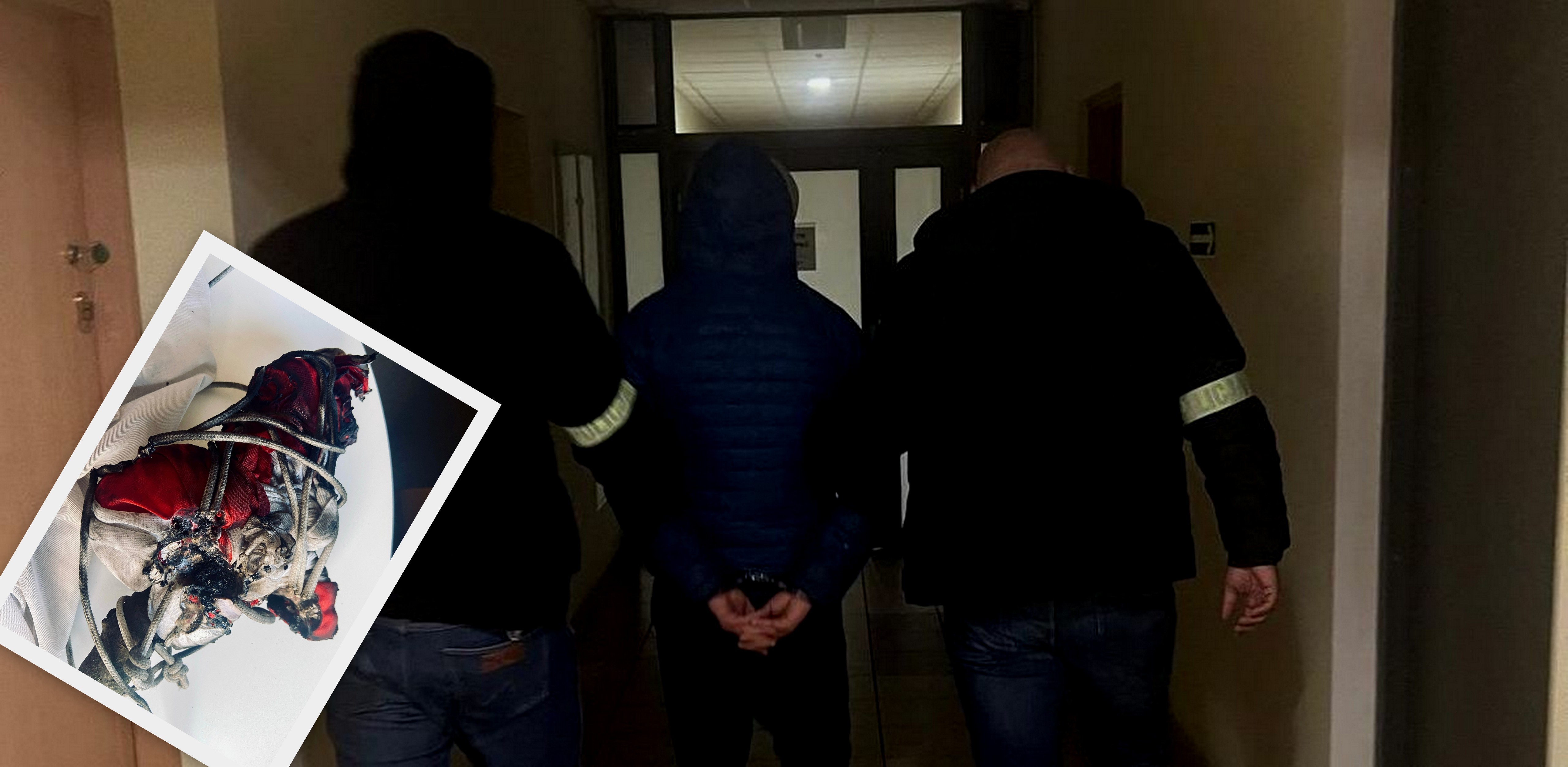 Policjanci prowadzą mężczyznę podejrzanego o zniszczenie flag na Westerplatte (fot. Komenda Miejska Policji w Gdańsku)