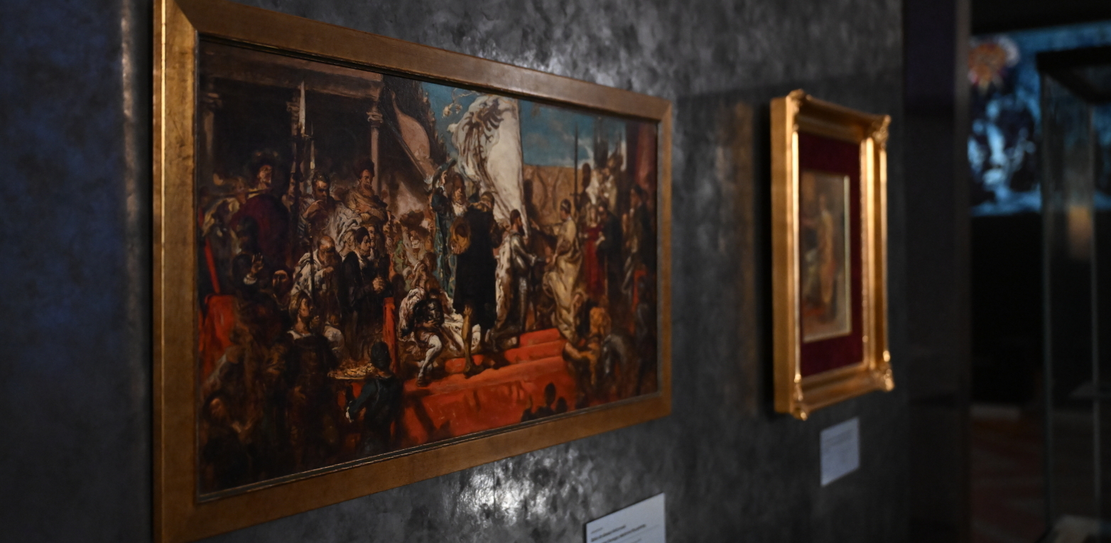 Szkic Jana Matejki do obrazu „Hołd pruski” zaprezentowany podczas wystawy rocznicowej pt. „Hołd 500. Historia – Kultura – Pamięć” w Muzeum Zamkowym w Malborku (Fot. PAP/Adam Warżawa)