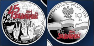 Moneta kolekcjonerska z okazji 45. rocznicy powstania NSZZ "Solidarność" (Fot. NBP)