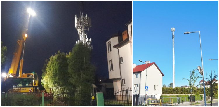 Wieżę telefonii komórkowej ekipa budowlana stawiała w nocy. Jest ona zlokalizowana bardzo blisko przedszkola i domów mieszkalnych (fot. Radio Gdańsk/Przemysław Woś)
