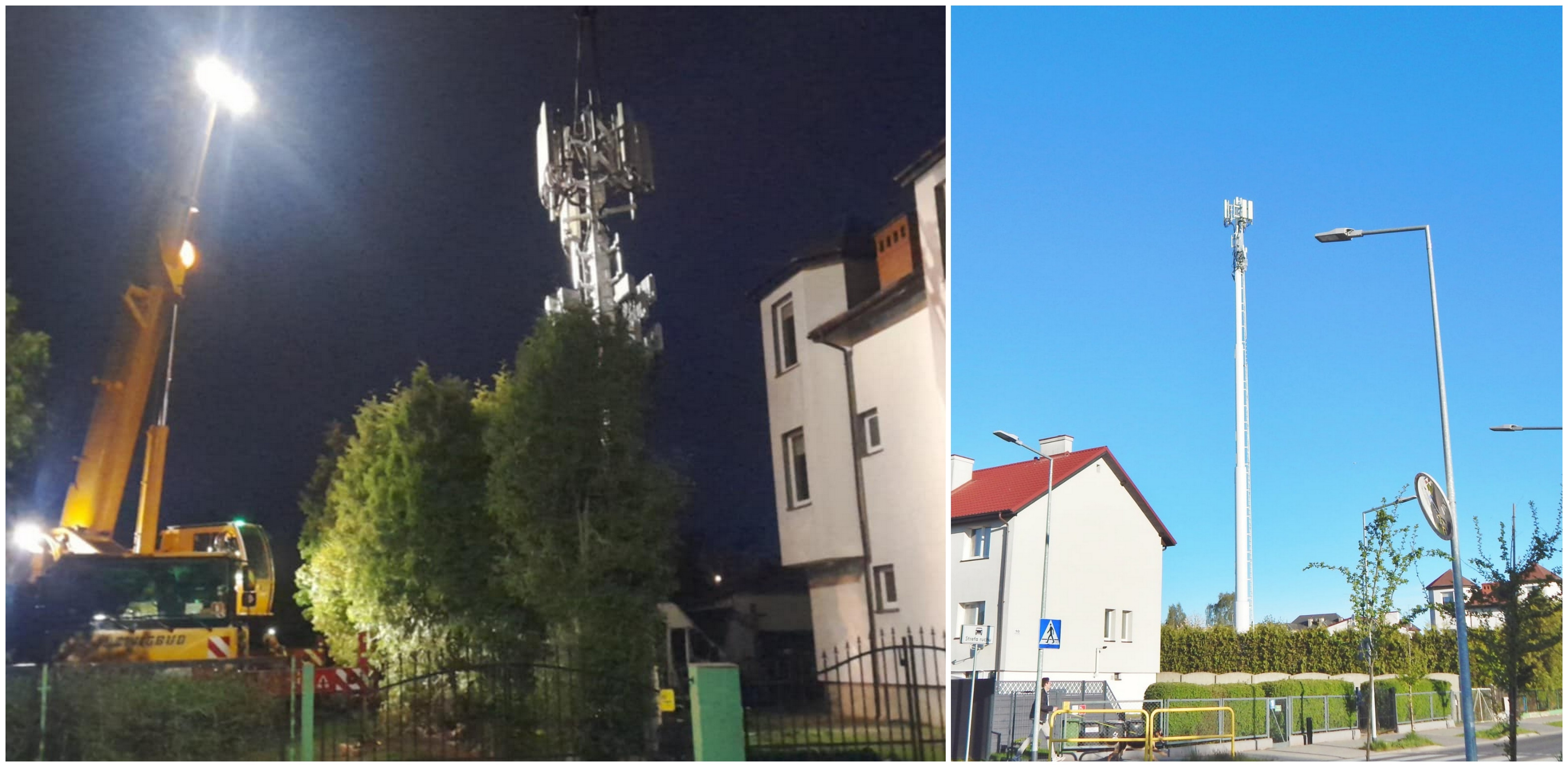 Wieżę telefonii komórkowej ekipa budowlana stawiała w nocy. Jest ona zlokalizowana bardzo blisko przedszkola i domów mieszkalnych (fot. Radio Gdańsk/Przemysław Woś)