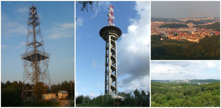 Wieże widokowe w Gdyni. W lewym kafelku widzimy wieżę na Górze Donas, a na środkowym - wieżę w Kolibkach. Po prawej stronie, na górze widzimy widok z wieży na Górze Donas, a na dole - widok z wieży w Kolibkach (fot. Wikimedia Commons)