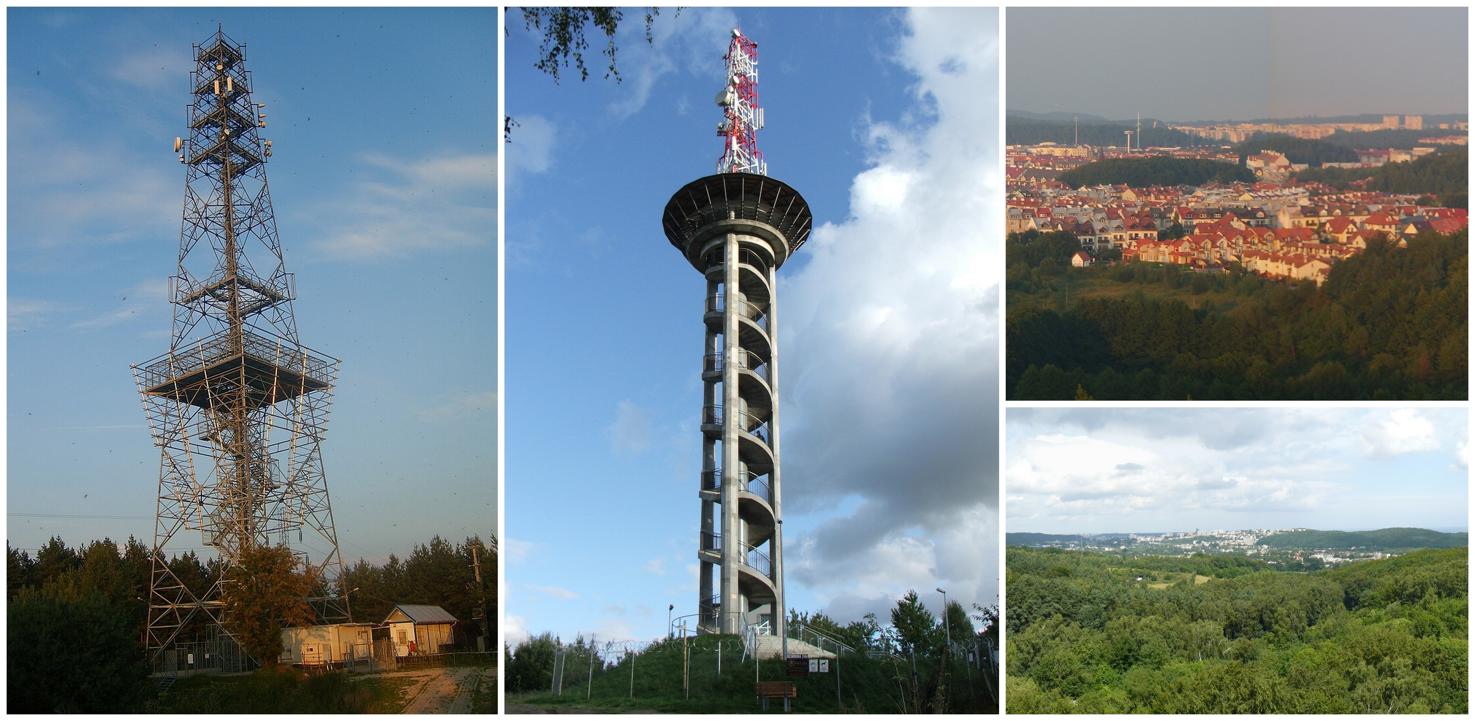 Wieże widokowe w Gdyni. W lewym kafelku widzimy wieżę na Górze Donas, a na środkowym - wieżę w Kolibkach. Po prawej stronie, na górze widzimy widok z wieży na Górze Donas, a na dole - widok z wieży w Kolibkach (fot. Wikimedia Commons)