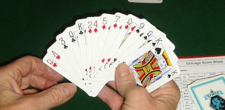 Karty trzymane w ręce prowadzącego w rozgrywce brydża, zdjęcie ilustracyjne (fot. Wikimedia Commons)