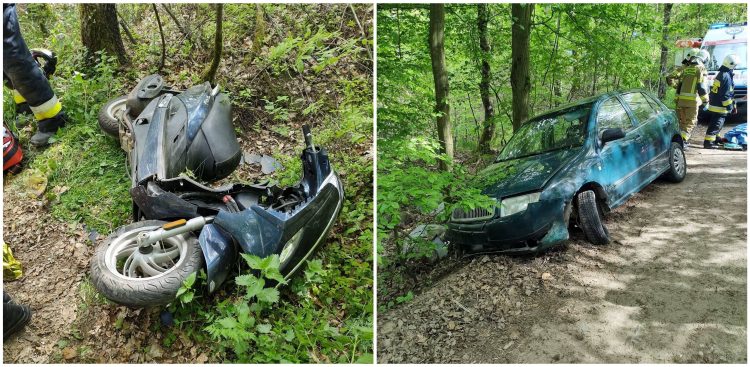 15-latek wjechał skuterem przed prawidłowo jadącą skodę, której kierowca był pijany. Nowe Łosienice, 11.05.2025 r. (fot. KPP w Kartuzach)
