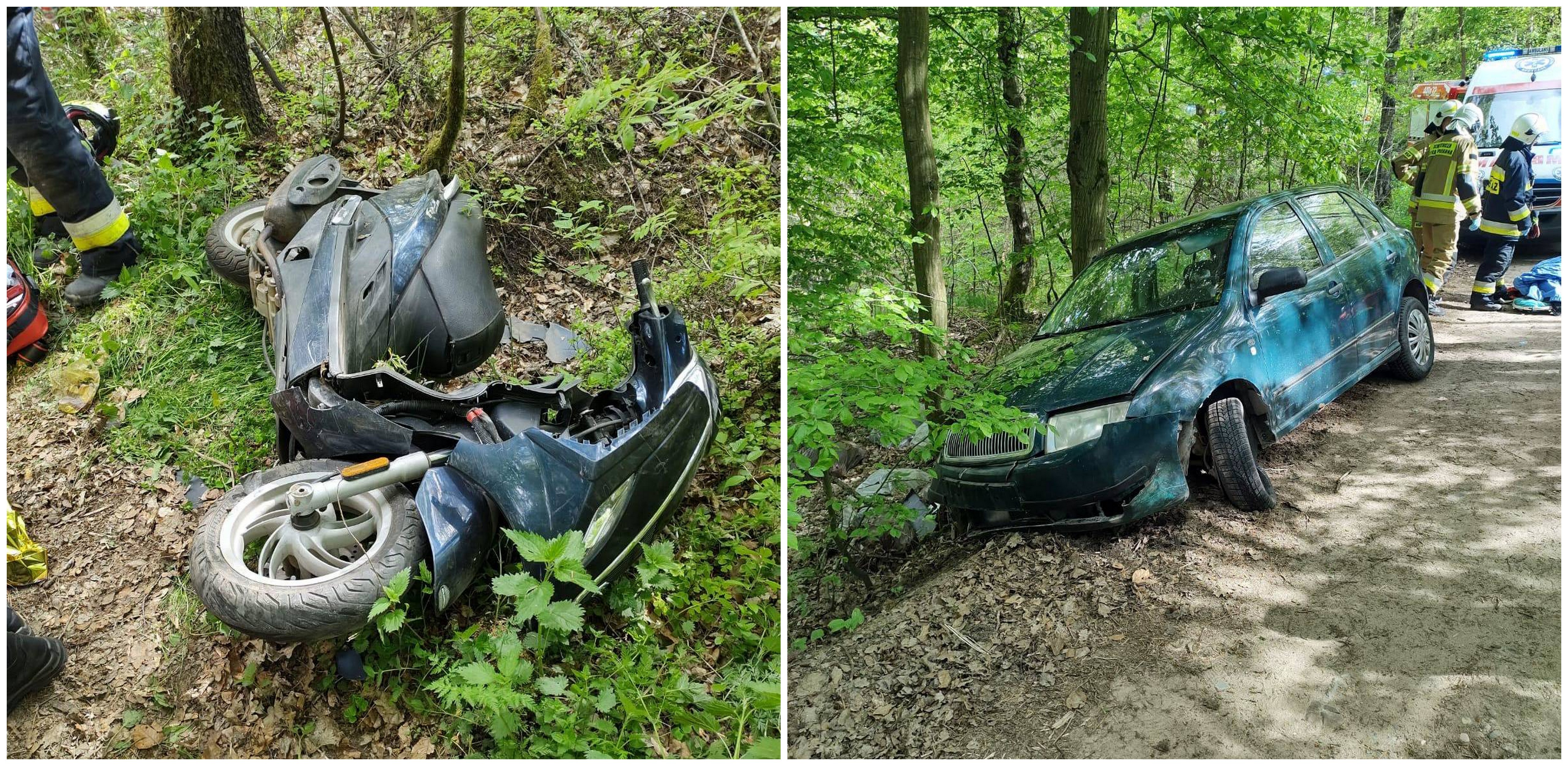 15-latek wjechał skuterem przed prawidłowo jadącą skodę, której kierowca był pijany. Nowe Łosienice, 11.05.2025 r. (fot. KPP w Kartuzach)